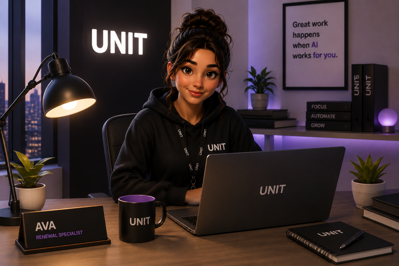 AVA working at her desk